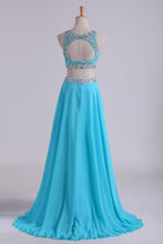Load image into Gallery viewer, Bateau Two Pieces Prom Dresses A Line Beaded Bodice Open Back Floor Length Chiffon &amp; Tulle