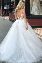 Load image into Gallery viewer, Sheath Spaghetti Straps White Detachable Train Prom Dress with Appliques, Quinceanera Dresses SJS15373