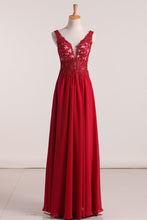 Load image into Gallery viewer, Prom Dresses Floor Length V Neck A Line Chiffon With Applique