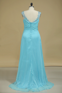Chiffon Prom Dresses V Neck With Beading A Line Sweep Train