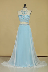 Two-Piece Halter A Line Prom Dresses With Beading And Rhinestones Bicolor Chiffon & Tulle