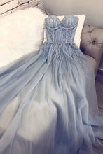Load image into Gallery viewer, A Line Blue Strapless Sweetheart Tulle Appliques Prom Dresses, Charming Prom Gowns SJS14993