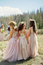 Load image into Gallery viewer, A line Blush Pink Flower Girl Dresses with Sash Gold Top Dresses for Kids SJS15545