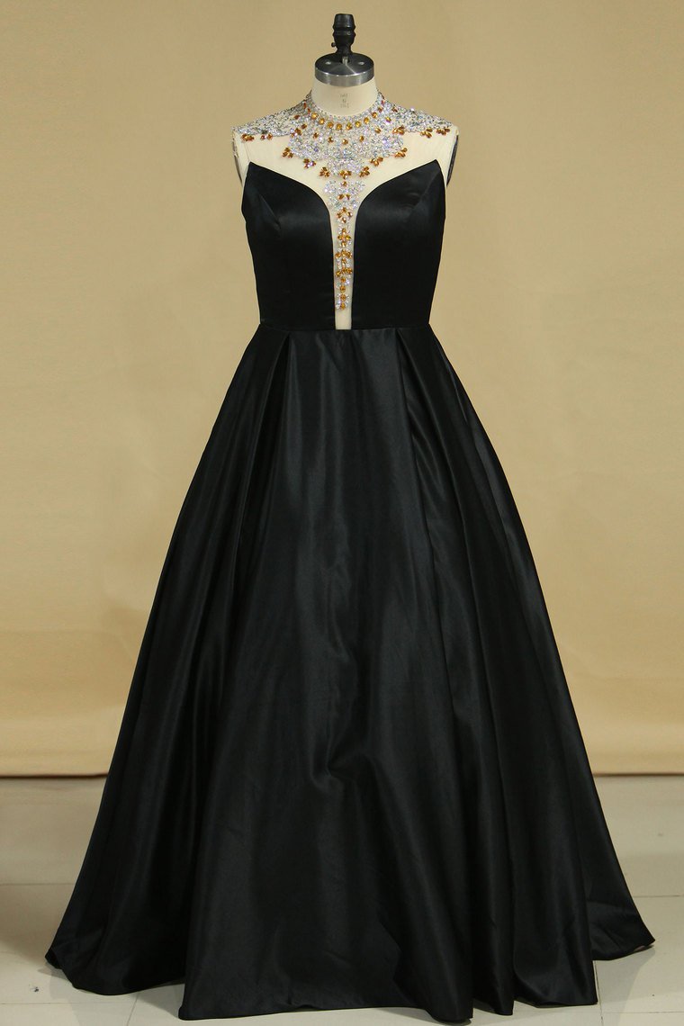New Arrival Prom Dresses High Neck Satin With Beading A Line