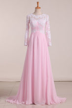 Load image into Gallery viewer, Open Back Scoop Chiffon With Applique And Slit Prom Dresses A Line Sweep Train
