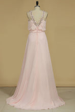 Load image into Gallery viewer, Prom Dresses A Line V Neck Chiffon With Beading Sweep Train