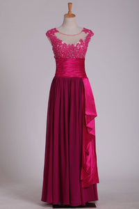 Bateau Beaded Neckline Embellished Tulle Bodice With Embroidery Pleated Waistband Prom Dress