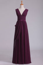 Load image into Gallery viewer, Floor Length V Neck A Line Chiffon With Slit Prom Dresses
