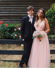 Load image into Gallery viewer, Charming A Line V Neck Open Back Tulle Pink Prom Dresses with Beading, Prom SJS20396