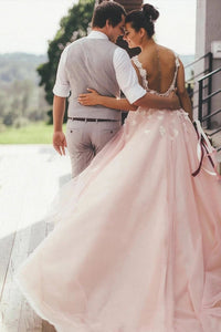 Sheer Round Neck Pink Wedding Dresses Backless Bridal Gown With Lace SJS20469