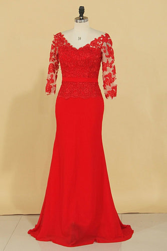 Red V Neck 3/4 Length Sleeve Mother Of The Bride Dresses Chiffon With Applique