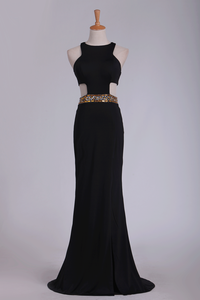 Spandex Scoop Evening Dresses Sheath With Beading And Slit