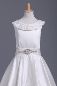 Ankle Length Scoop Flower Girl Dresses A Line Satin With Embroidery And Sash