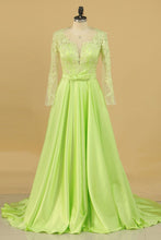 Load image into Gallery viewer, Prom Dresses Scoop Long Sleeves A Line Satin With Applique And Beads