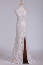 Load image into Gallery viewer, Open Back Prom Dresses High Neck Lace With Beads And Slit Sheath