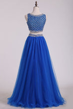 Load image into Gallery viewer, Two Pieces Bateau Prom Dress Beaded Bodice A Line Tulle Floor Length