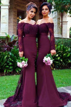 Load image into Gallery viewer, Long Sleeves Mermaid Satin With Applique Bridesmaid Dresses