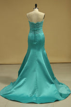 Load image into Gallery viewer, Mermaid Strapless With Applique And Sash Prom Dresses Satin