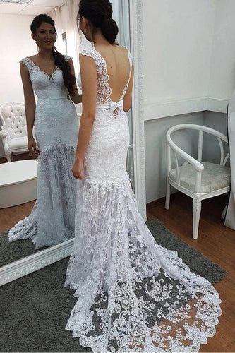 Elegant Mermaid Lace Applique V Neck Wedding Dresses Backless Wedding Gowns SJS15180