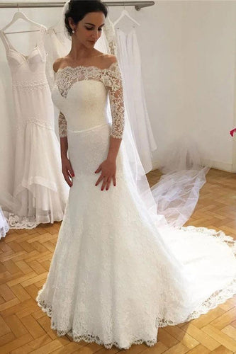 Unique Mermaid Off the Shoulder Ivory Lace 3/4 Sleeves Wedding Dresses, Wedding Gowns SJS15460