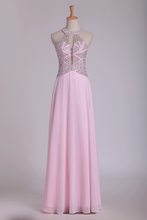Load image into Gallery viewer, Halter A Line Prom Dresses Beaded Bodice Chiffon Floor Length