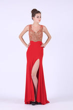 Load image into Gallery viewer, Mermaid Straps Beaded Bodice Spandex With Slit Prom Dresses