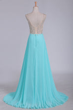 Load image into Gallery viewer, V Neck Beaded Bodice A Line Prom Dresses Chiffon &amp; Tulle Sweep Train