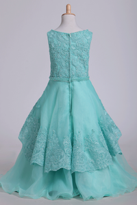 Bateau A Line Flower Girl Dresses With Applique & Beads Tulle Mint