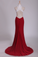 High Neck Sheath Spandex Prom Dresses With Applique And Beads Open Back
