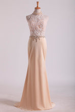 Load image into Gallery viewer, High Neck Prom Dresses Sheath Lace &amp; Spandex Sweep Train