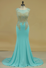 Load image into Gallery viewer, Spandex Scoop Mermaid Prom Dresses With Applique Sleeveless Sweep Train