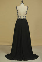 Load image into Gallery viewer, Bateau With Beads And Ruffles Prom Dresses A Line Chiffon Sweep Train