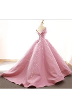 Load image into Gallery viewer, Ball Gown Off The Shoulder Satin Prom Dress With Appliques Long Quinceanera SJSPDJZ6JB1