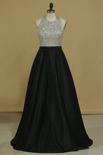 Load image into Gallery viewer, Sexy Open Back A Line Halter Prom Dresses Satin With Beading