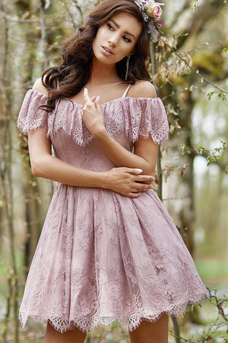 A-Line Cold Shoulder Purple Lace Homecoming Party Dress with Ruffles Prom Dresses SJS14965