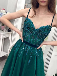 Charming A Line Green Tulle Spaghetti Straps Beading Prom Dresses V Neck Evening Dresses SJS15502