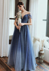 Charming A Line Blue Ombre Tulle Prom Dresses with Open Back, Evening SJS15622