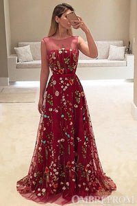 Burgundy Round Neck Sleeveless Prom Dresses with Appliques