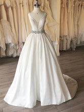 Load image into Gallery viewer, Deep V Neck Satin Backless A Line Beading Wedding Dresses