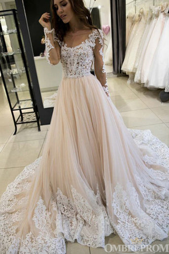 Delicate Long Sleeves A Line Lace Wedding Dresses with Appliques