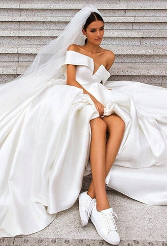 Simple Off The Shoulder Ivory Satin Wedding Dresses Lace Up Wedding Gowns