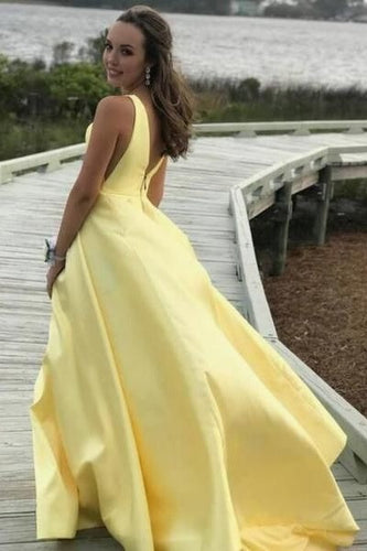 V-neck A-line Yellow Satin Long Prom Dresses Zipper Back Party Dresses