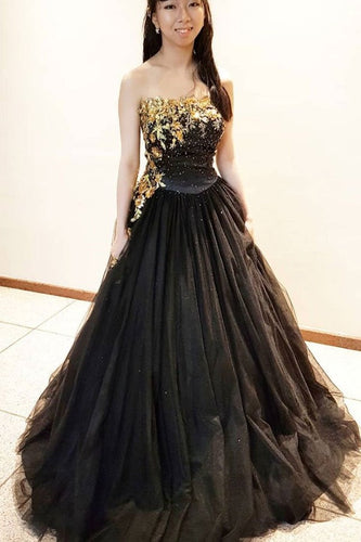 Unqiue Black Strapless Lace Up Beading Tulle Long Formal Prom Dresses