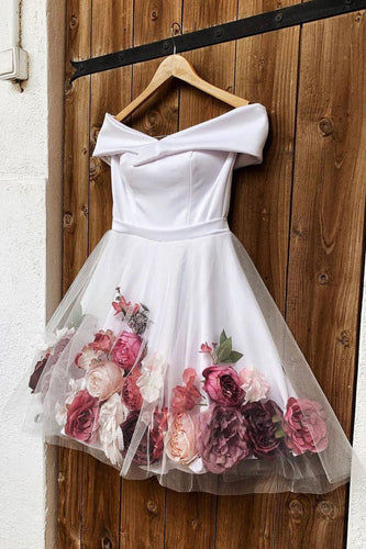 White Off Shoulder Floral Bloom Short Prom Homecoming Dresses