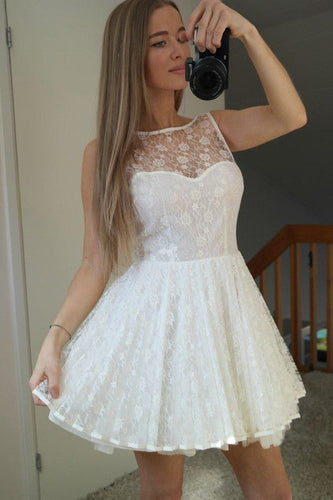 White Sheer Sleeveless Lace Up Appliques Short Homecoming Dresses