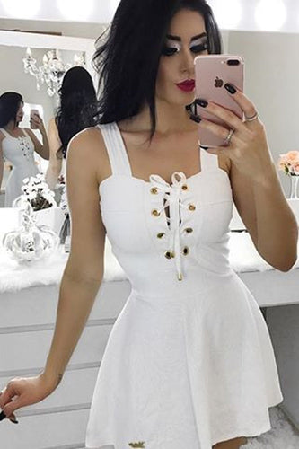 White Square Straps Sleevless Lace Up Homecoming Dresses