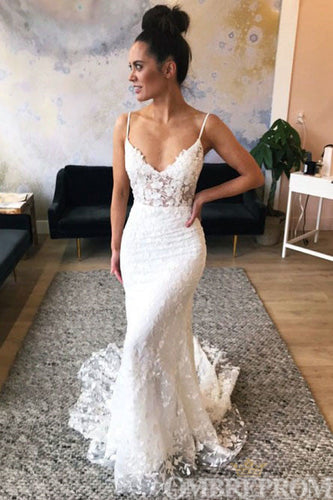 Spaghetti Straps V Neck Mermaid Wedding Dresses Lace Bridal Gown