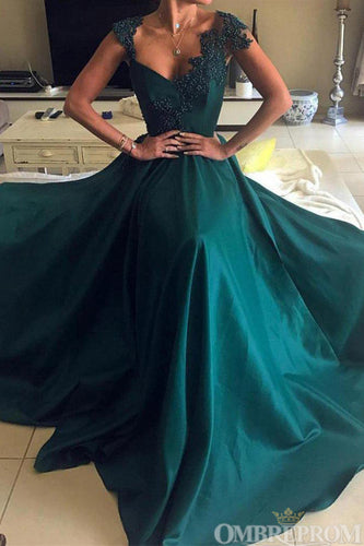 V Neck Low Back Satin A Line Lace Prom Dresses with Appliques