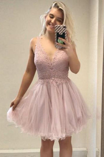 V Neck Backless Lace Tulle Homecoming Dresses