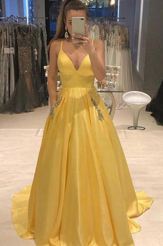 Yellow Spaghetti Straps A Line V Neck Prom Dresses